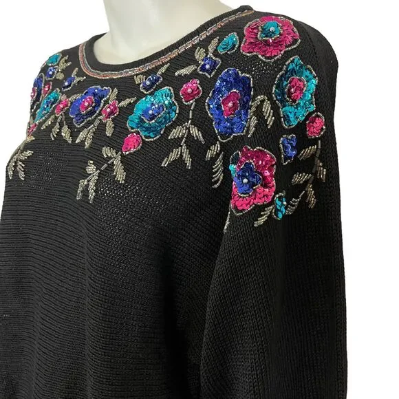 Victoria Jones Womens Vintage Beaded Sequin Floral Dolman Sleeve Sweater sz L - Picture 8 of 16